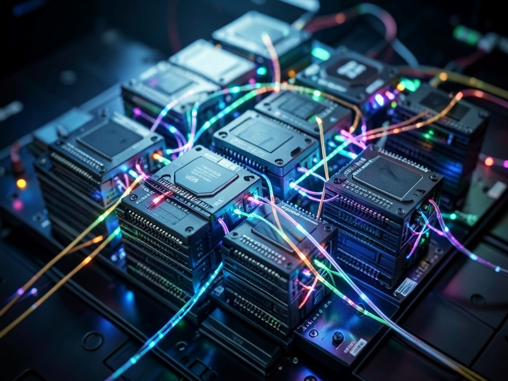Illustration of optical fiber cables connecting rows of server racks in a data center