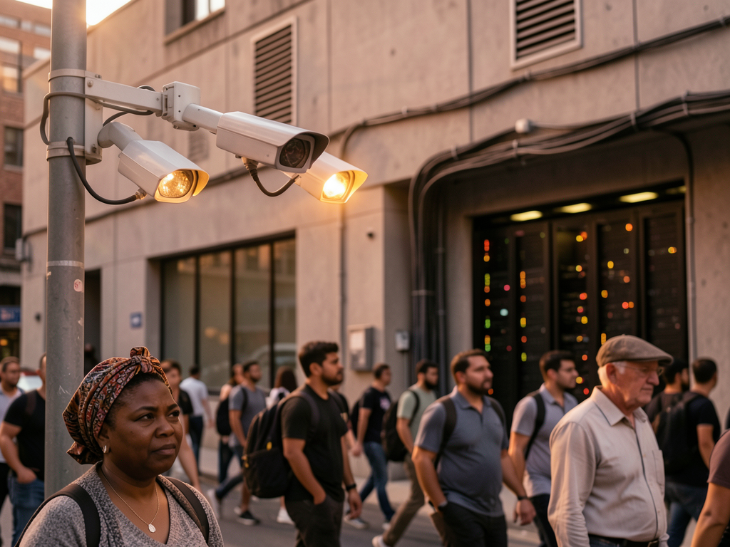 Government surveillance concept showing federal building with digital monitoring overlay