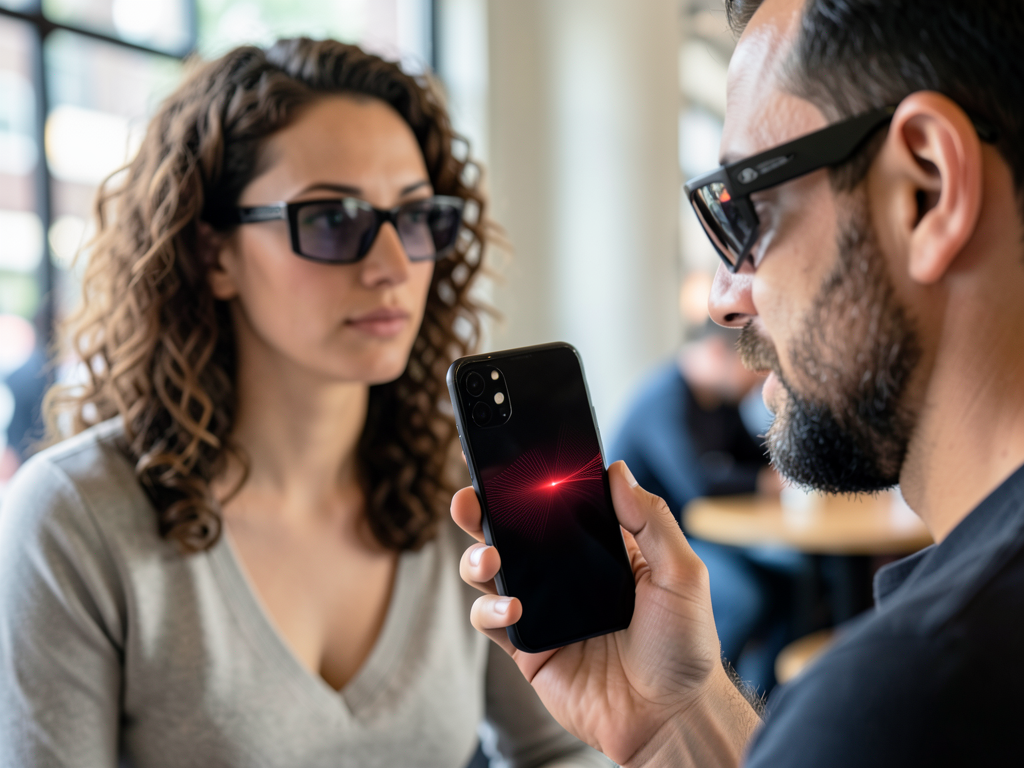 Smartphone screen showing ZuckOff app detecting infrared light from Meta Ray-Ban smart glasses