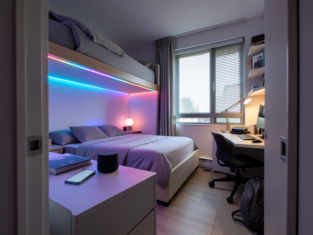 A college dorm room desk with a smart speaker, LED strip lights, and a laptop, representing modern student tech upgrades