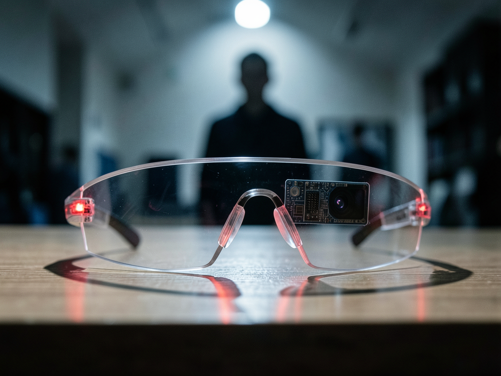 Smart glasses with integrated camera and microphone on a desk, representing covert surveillance technology and privacy concer
