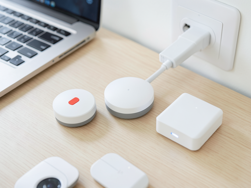 A collection of simple home privacy gadgets including a camera cover and microphone kill switch on a table.