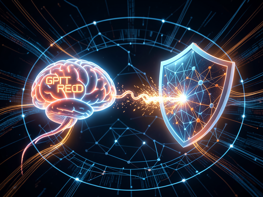 An abstract illustration of a red AI agent probing a blue neural network with attack vectors