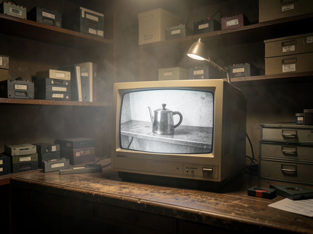 Old black and white webcam feed of a coffee pot on a desk at Cambridge University