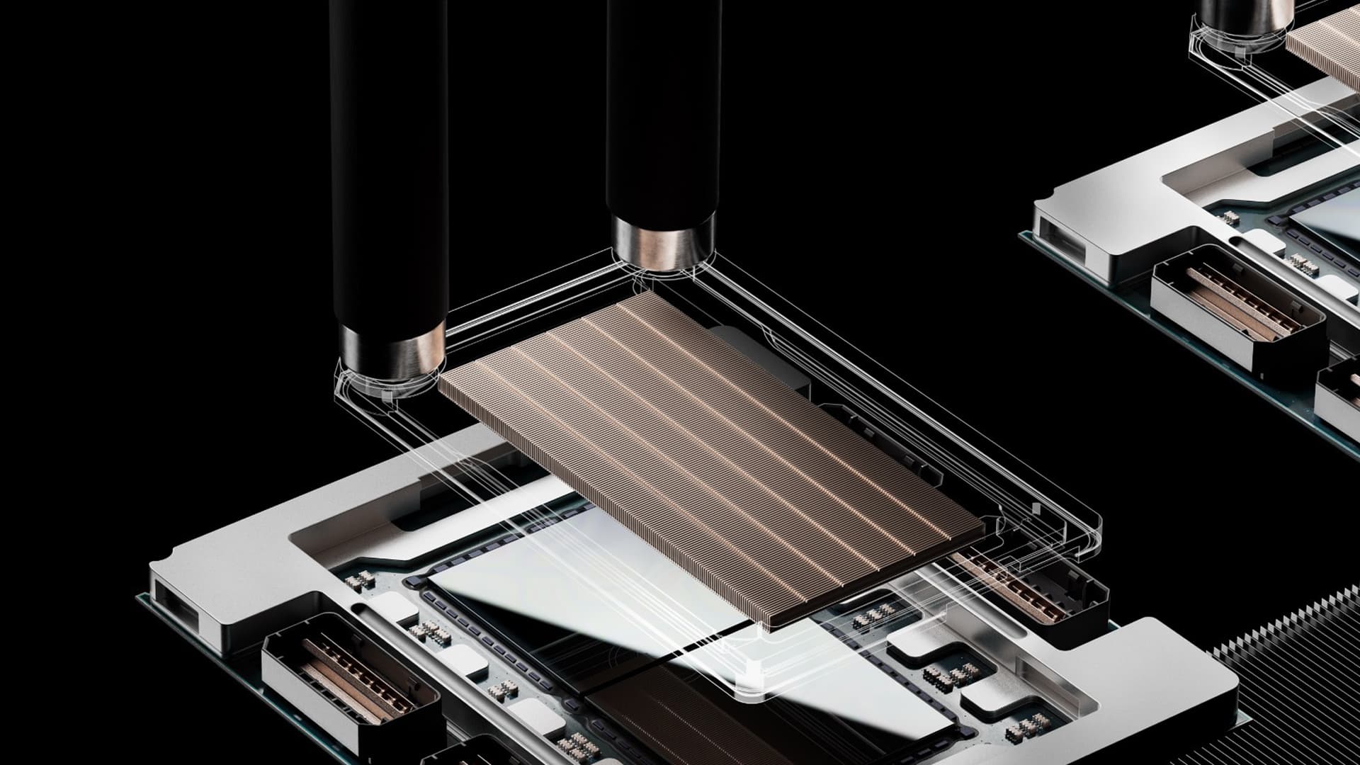 A modern data center server rack illuminated by blue LEDs reflecting onto polished metal surfaces
