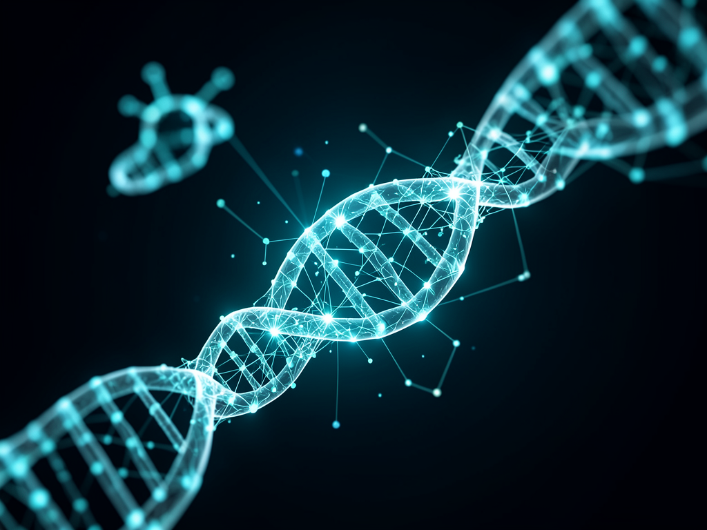 A visual representation of grand challenges in biology, merging molecular structures with computational code and mathematical
