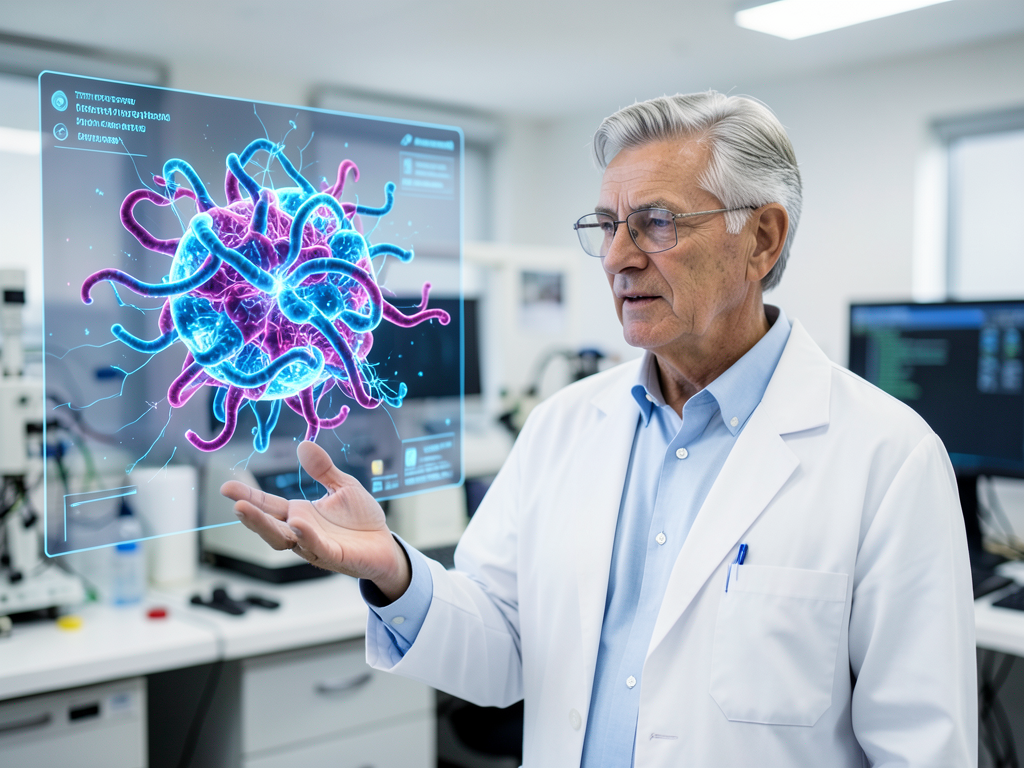 David Baker standing in laboratory with protein structure models and AI-generated molecular designs on screen.