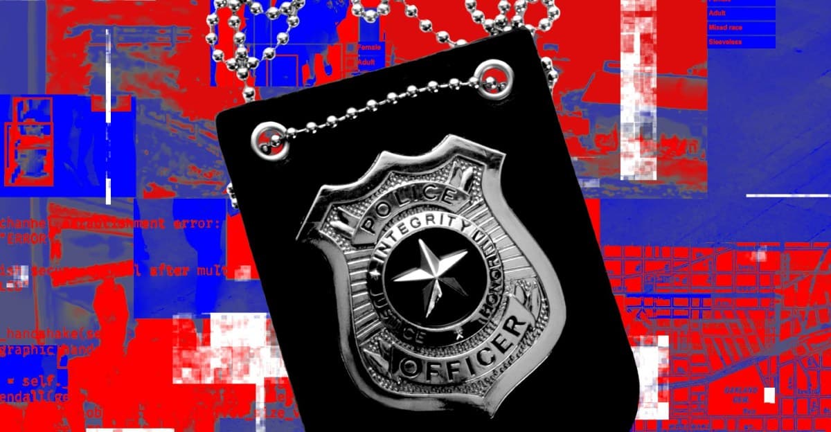 Glitchy police badge with computer vision and AI imagery in background, representing AI in law enforcement