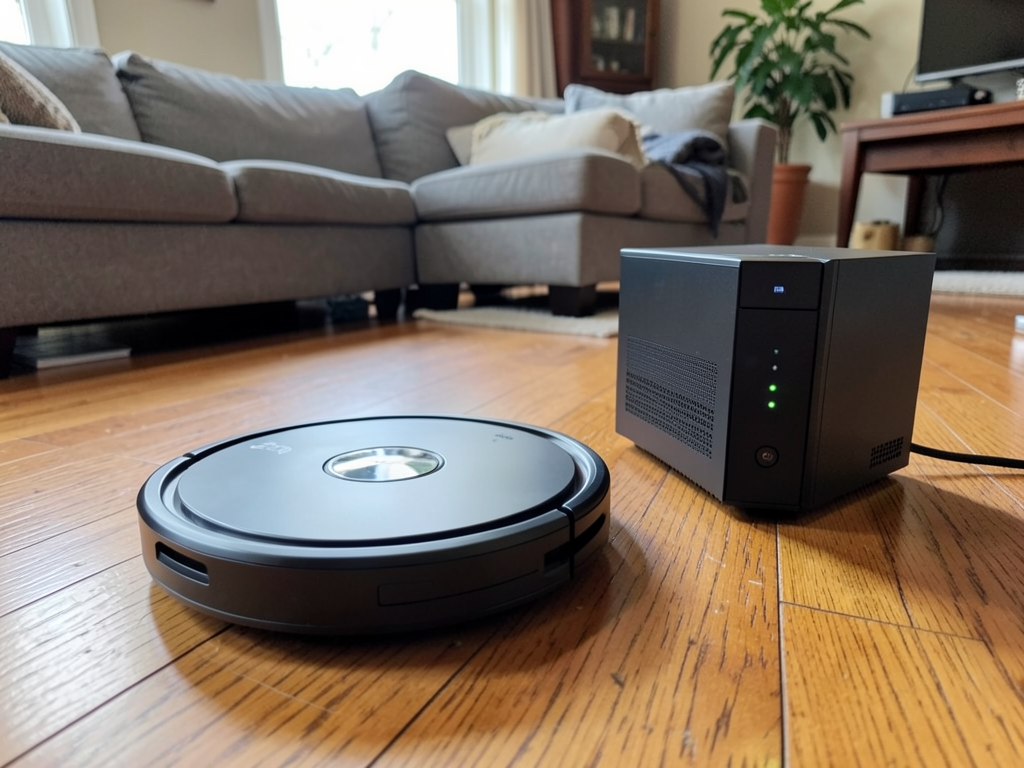 Robot vacuum cleaner docked in a living room beside a laptop running a local server interface