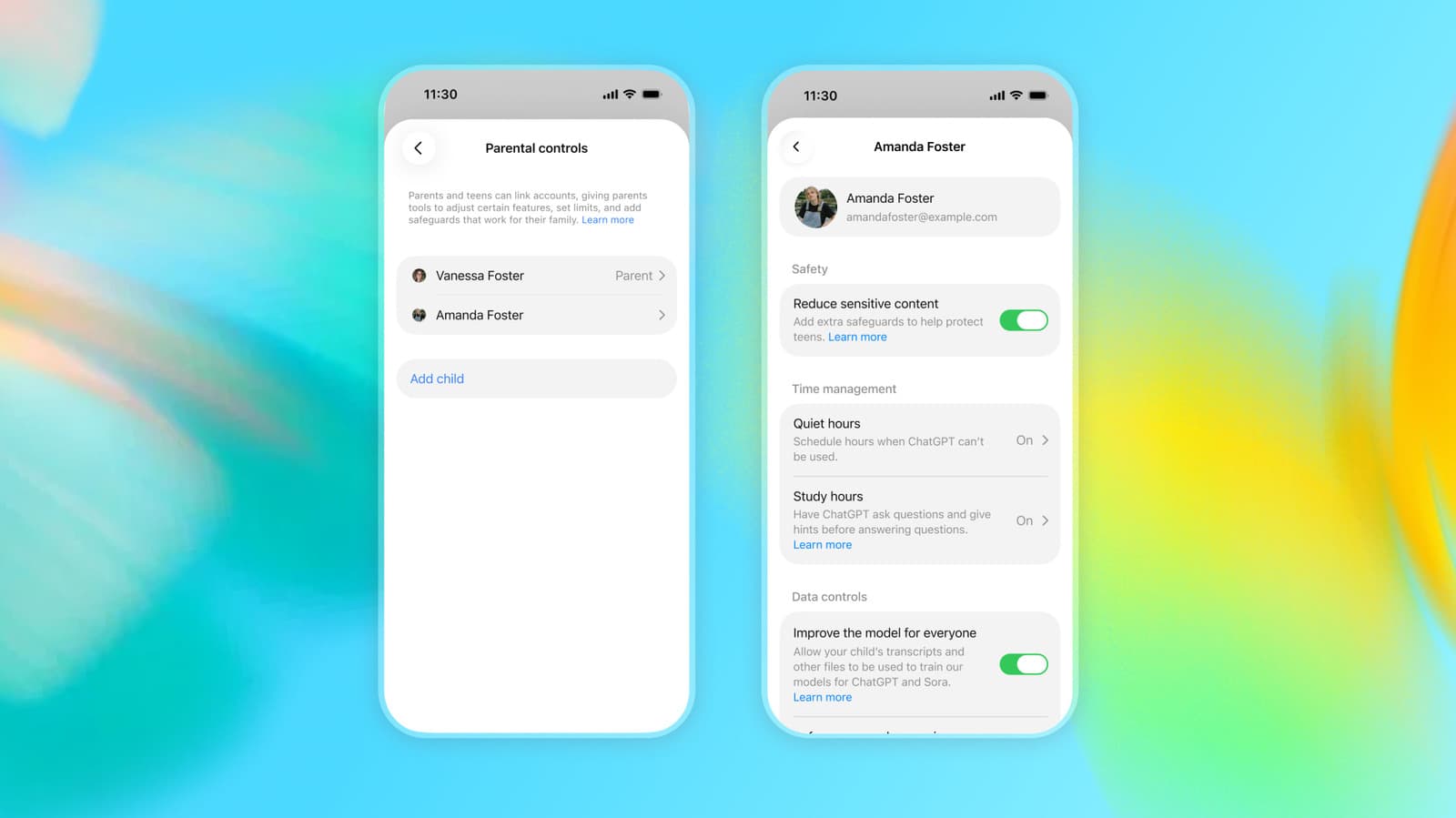 OpenAI ChatGPT parental controls dashboard showing usage limits and topic restrictions for teen users