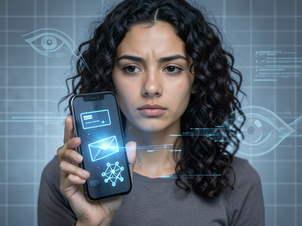 Smartphone displaying Meta's Muse journaling app interface surrounded by privacy warning icons