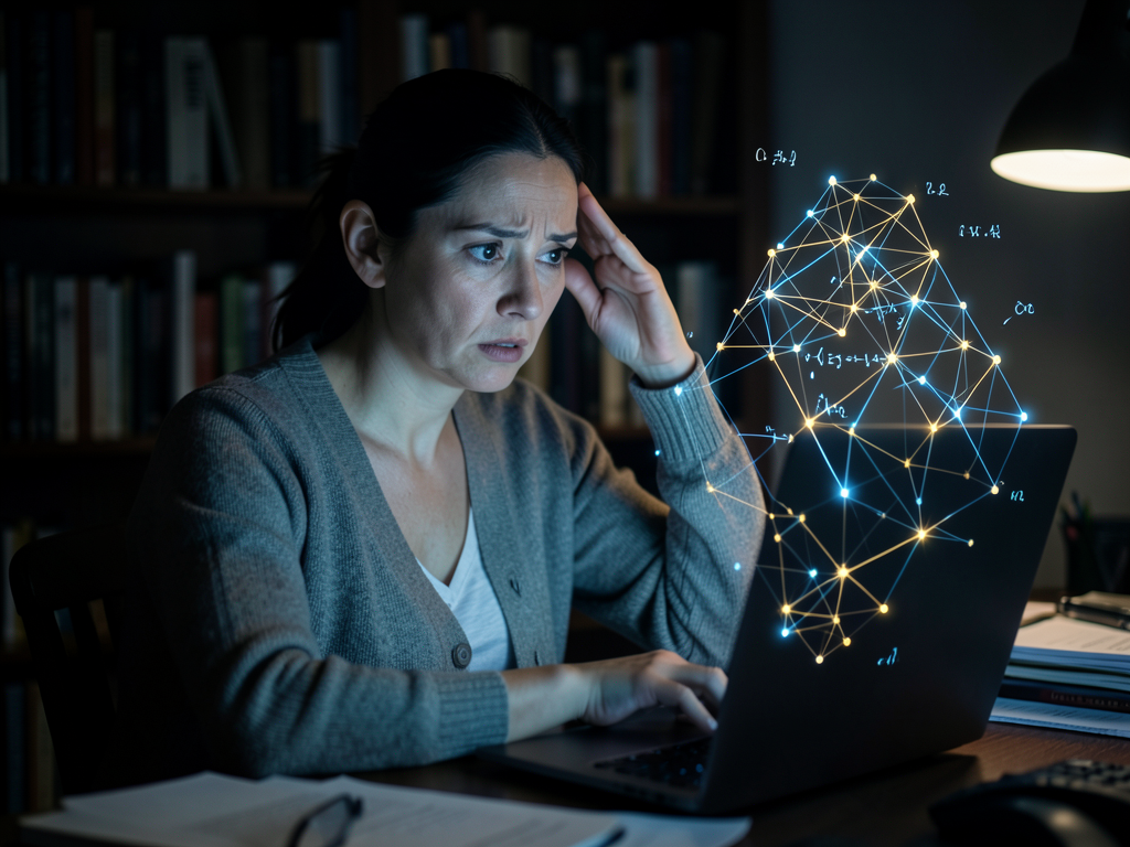 A mathematician collaborating with a computer screen displaying equations and AI-generated mathematical patterns.