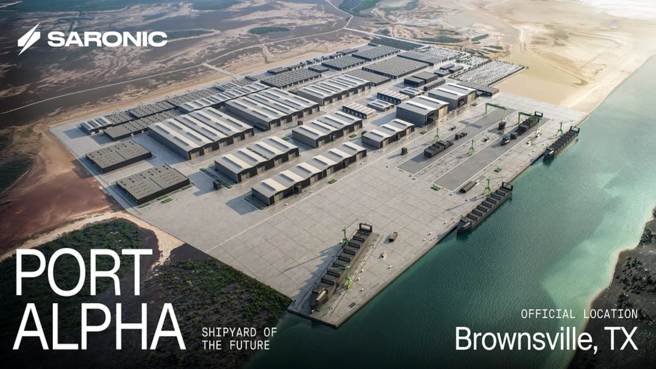 Autonomous naval drone shipyard concept illustration showing Saronic's Port Alpha facility on the Texas coast with large cons