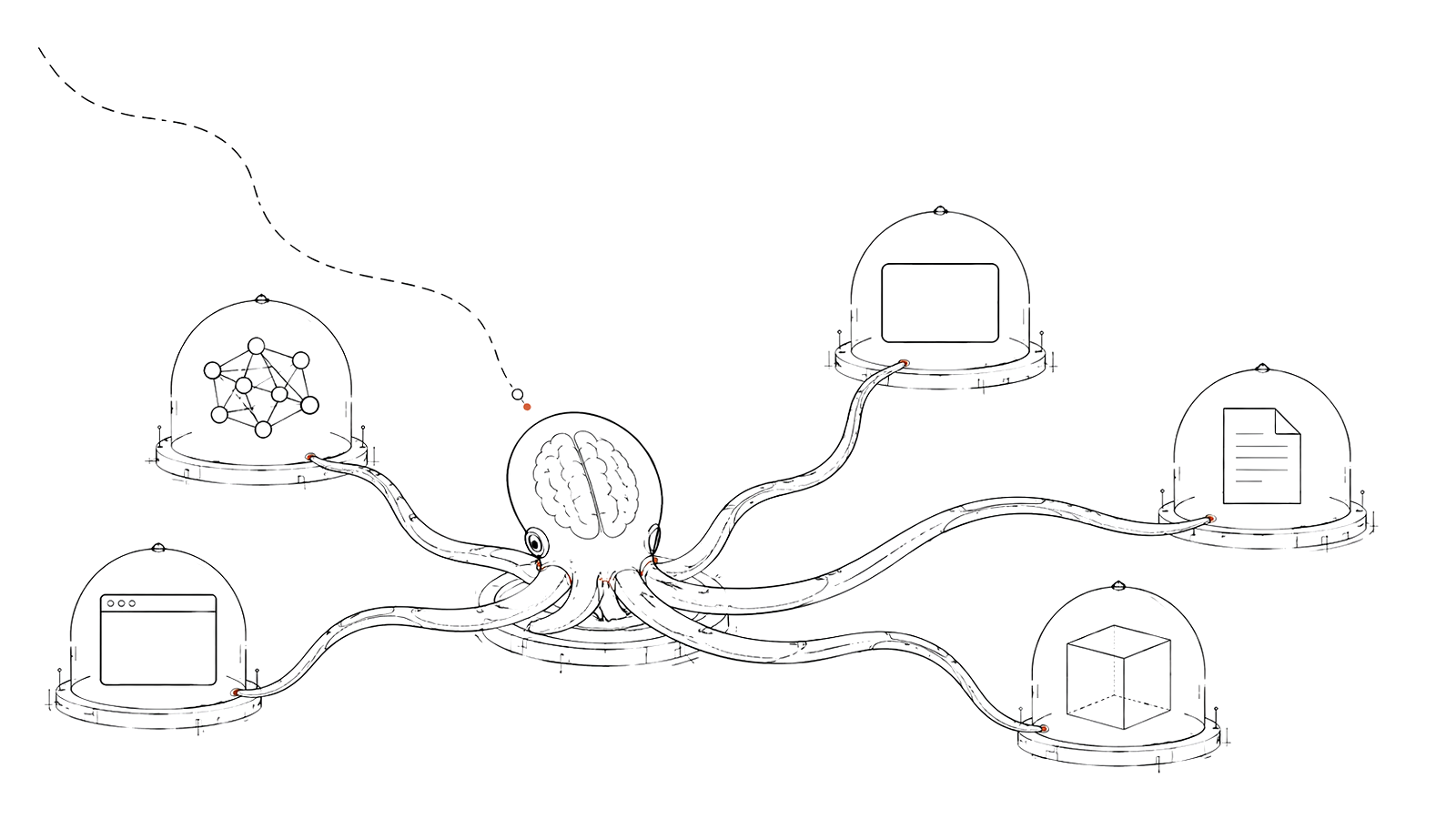Conceptual diagram comparing an octopus nervous system structure to a decentralized multi-agent AI coordination framework