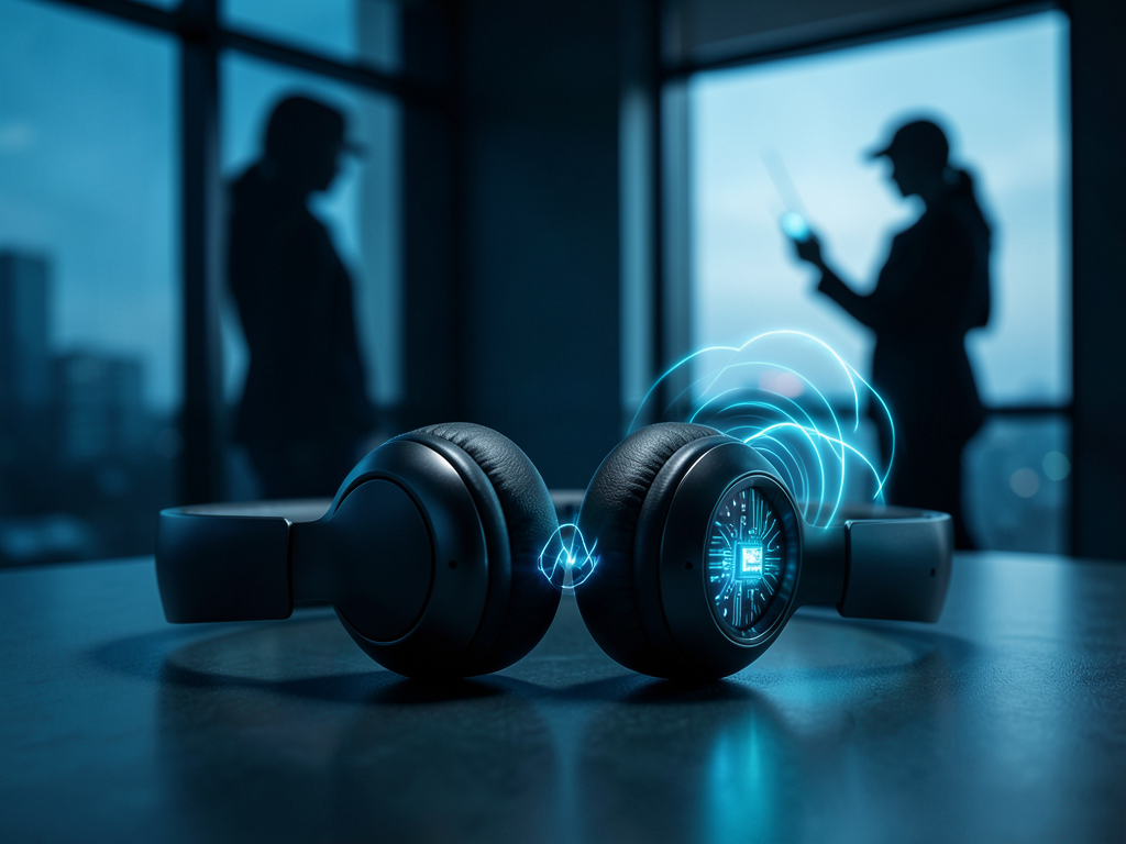 Illustration of invisible electromagnetic waves emanating from wireless headphones toward a receiver device at a distance