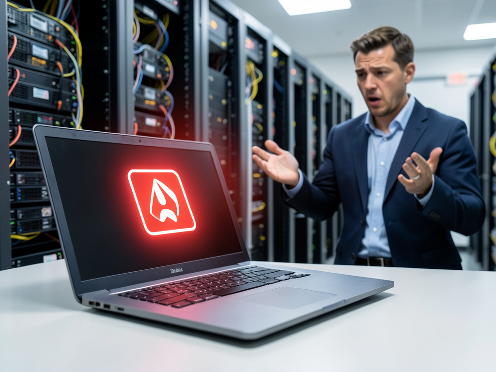 IT administrator looking at a Windows update screen with a warning icon for unauthorized software installation