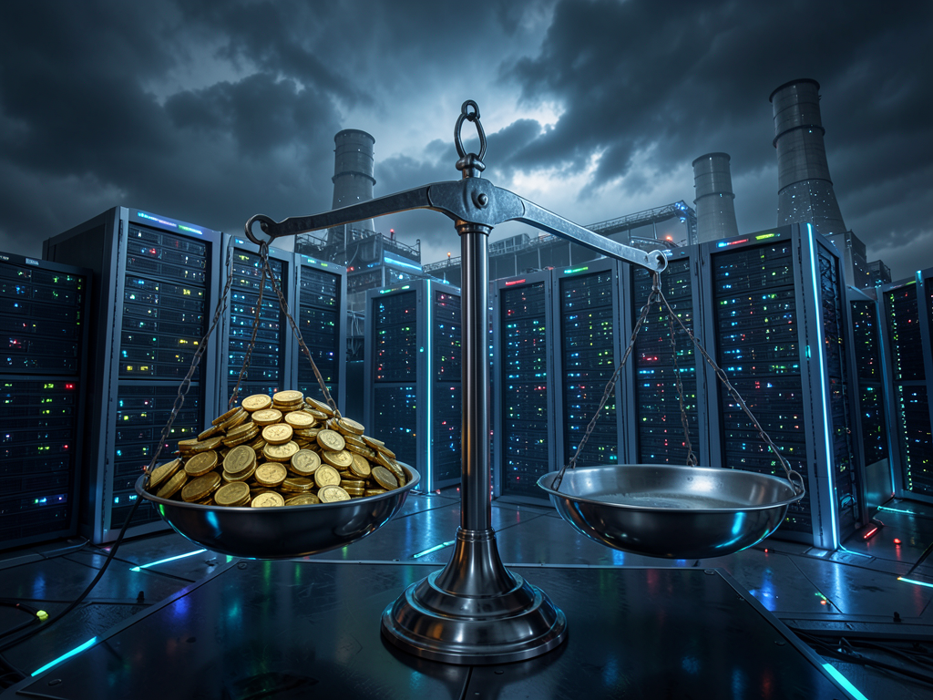 A vast AI data center interior with rows of server racks and cooling pipes, representing massive capital investment in techno