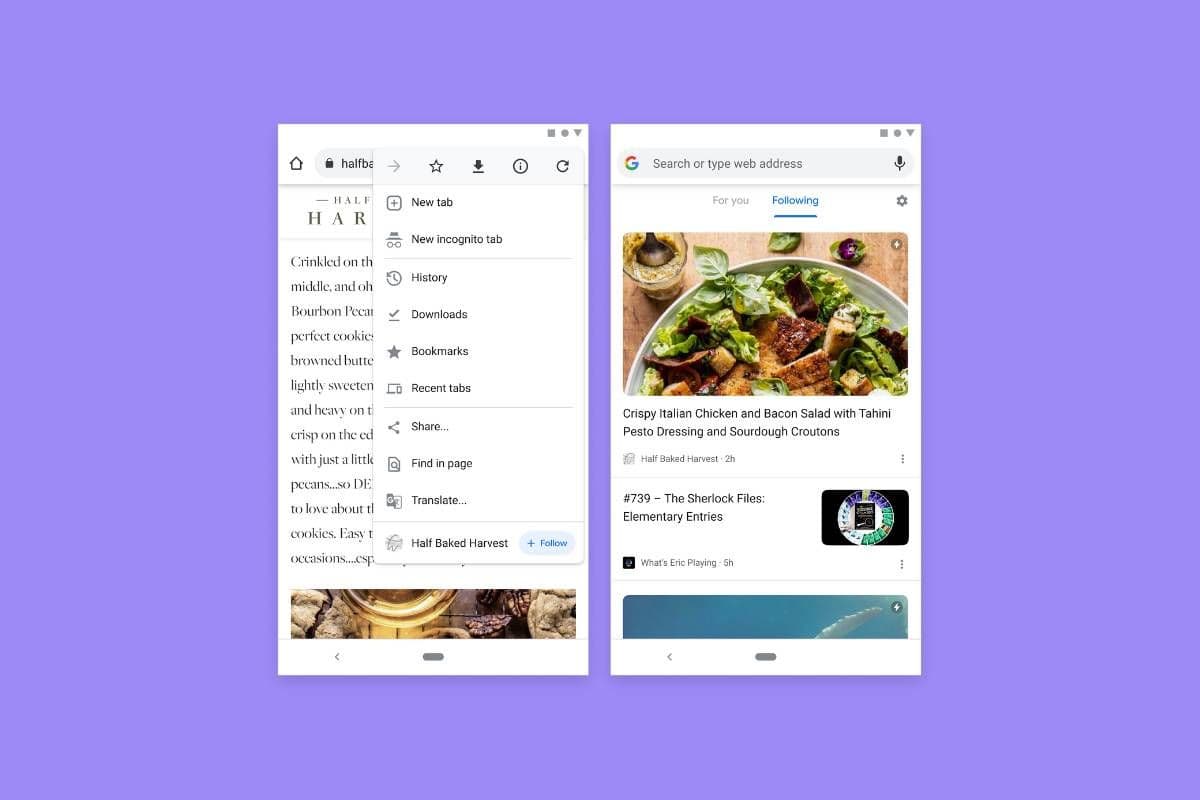 Google Chrome browser interface showing a follow button for websites