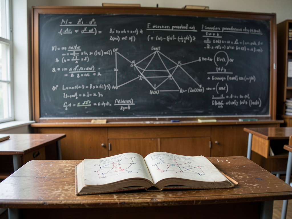 Mathematical equations and charts representing Soviet-era optimization theory with a backdrop of industrial planning blueprin