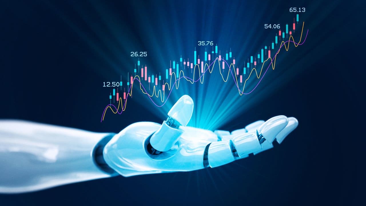 An illustration of an AI model processing economic data with graphs and charts showing GDP growth projections