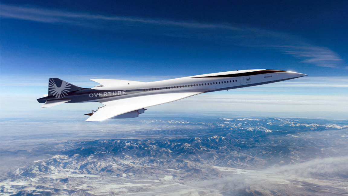Conceptual illustration of a supersonic jet flying over a city skyline with sound waves bending upward