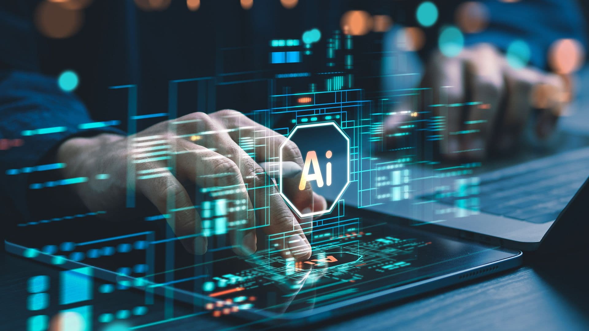 Abstract visualization of artificial intelligence integrated into a bank's digital infrastructure with data streams and neura