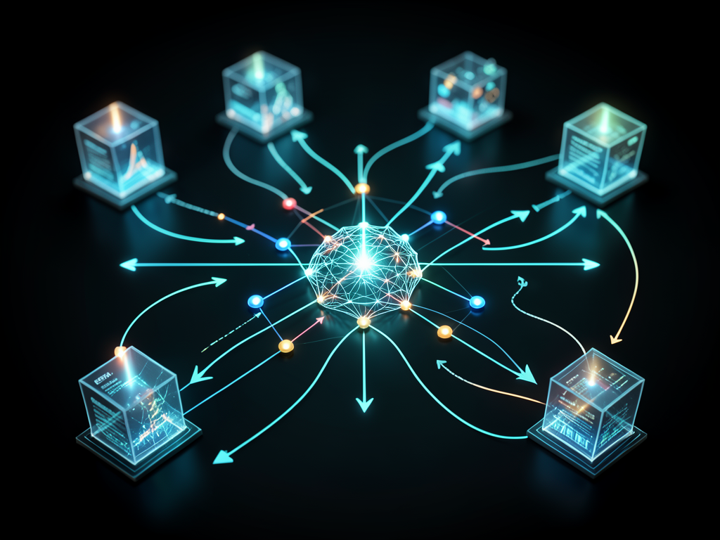 Abstract representation of enterprise AI integration across connected data silos