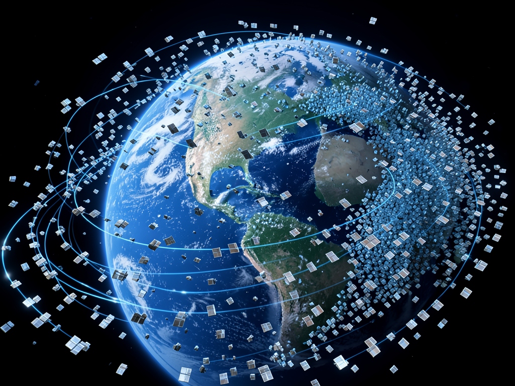 Satellite constellation in low Earth orbit with bright trails against dark space