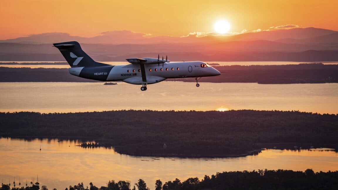 Heart Aerospace X1 electric aircraft on tarmac at Plattsburgh International Airport during test flight
