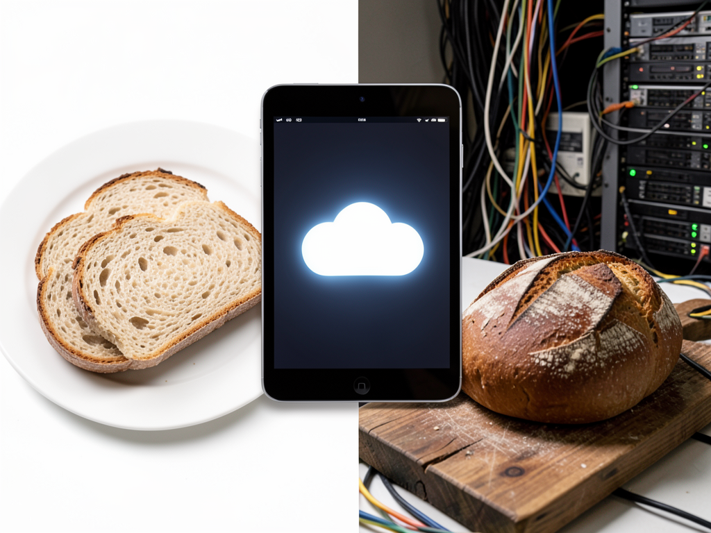 A loaf of sliced bread next to a laptop displaying a SaaS dashboard, symbolizing the convenience paradox