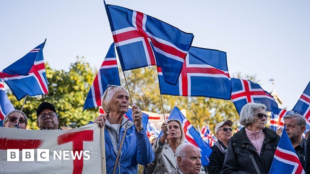Icelandic parliament building in Reykjavik with EU flags in background