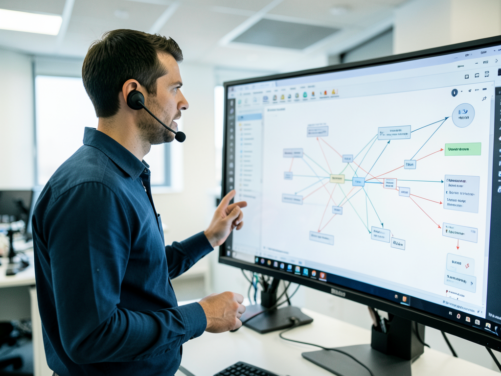 A person speaking into a microphone while a computer screen shows a network diagram being drawn automatically