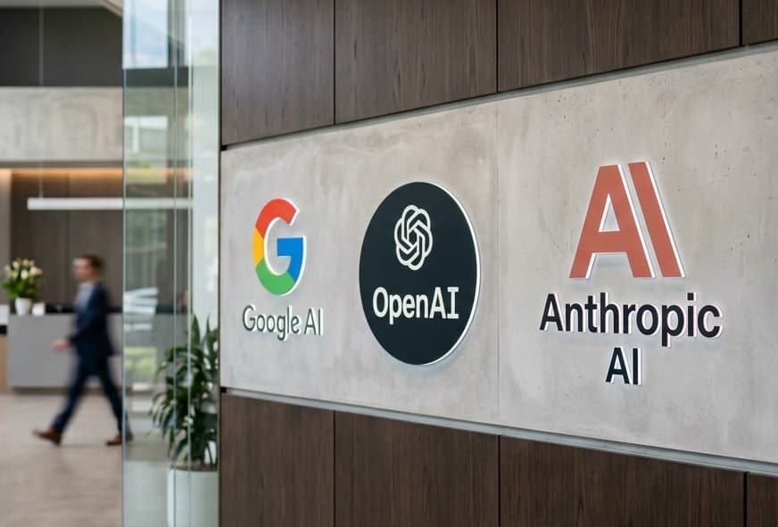 Symbolic representation of AI competition: humans and robots in a race, with caution signs highlighting danger