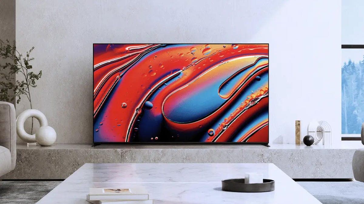 75-inch television display in a modern living room showing vivid colors