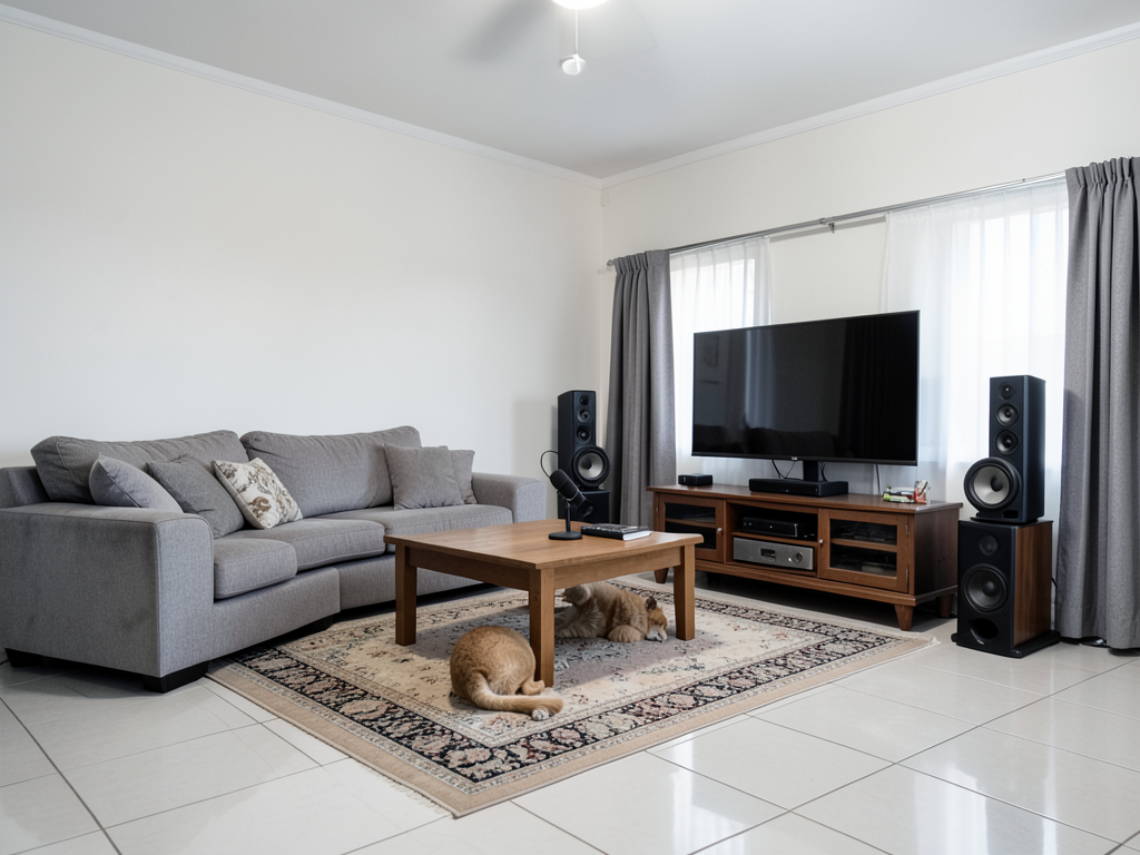 A modern living room with surround sound speakers positioned on wall stands near a large TV