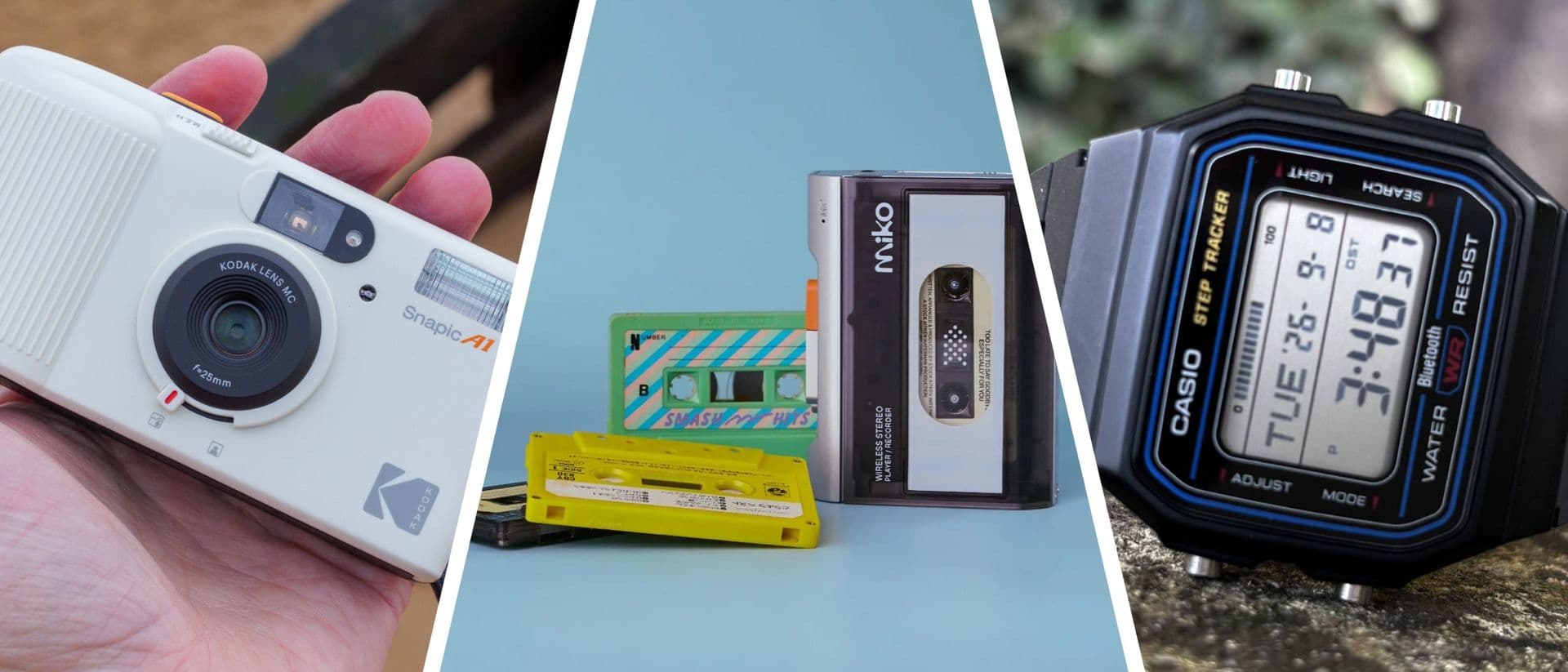 Retro gadgets including cassette players and flip phones arranged on a table