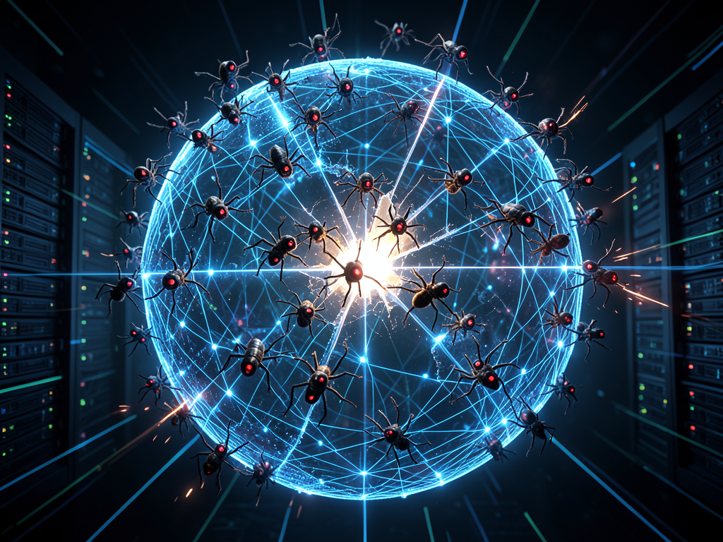 Conceptual illustration of an AI-powered botnet swarm attacking a global network of servers and connected devices.