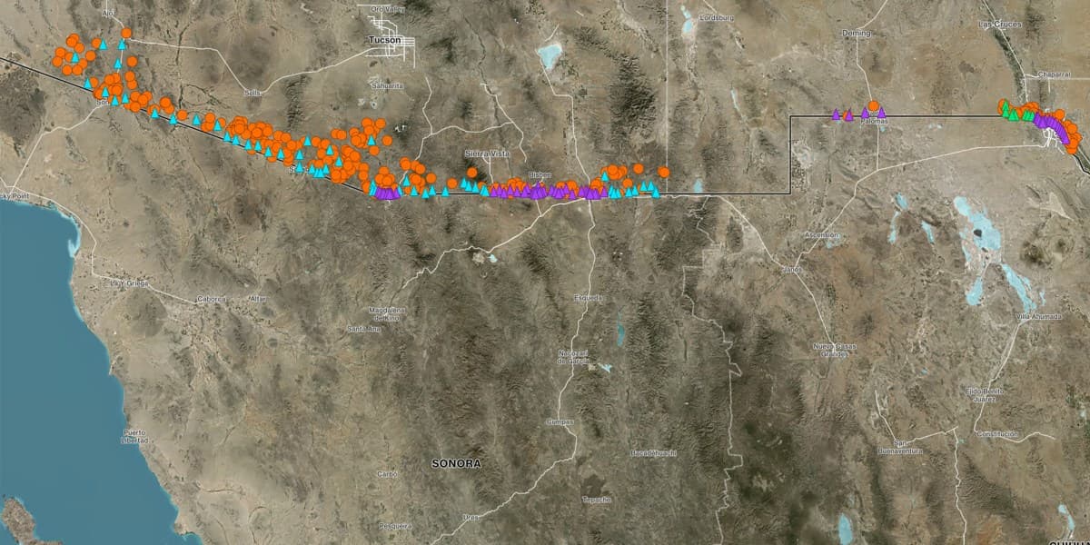A detailed map of the US-Mexico border showing migrant death locations near surveillance tower sites.