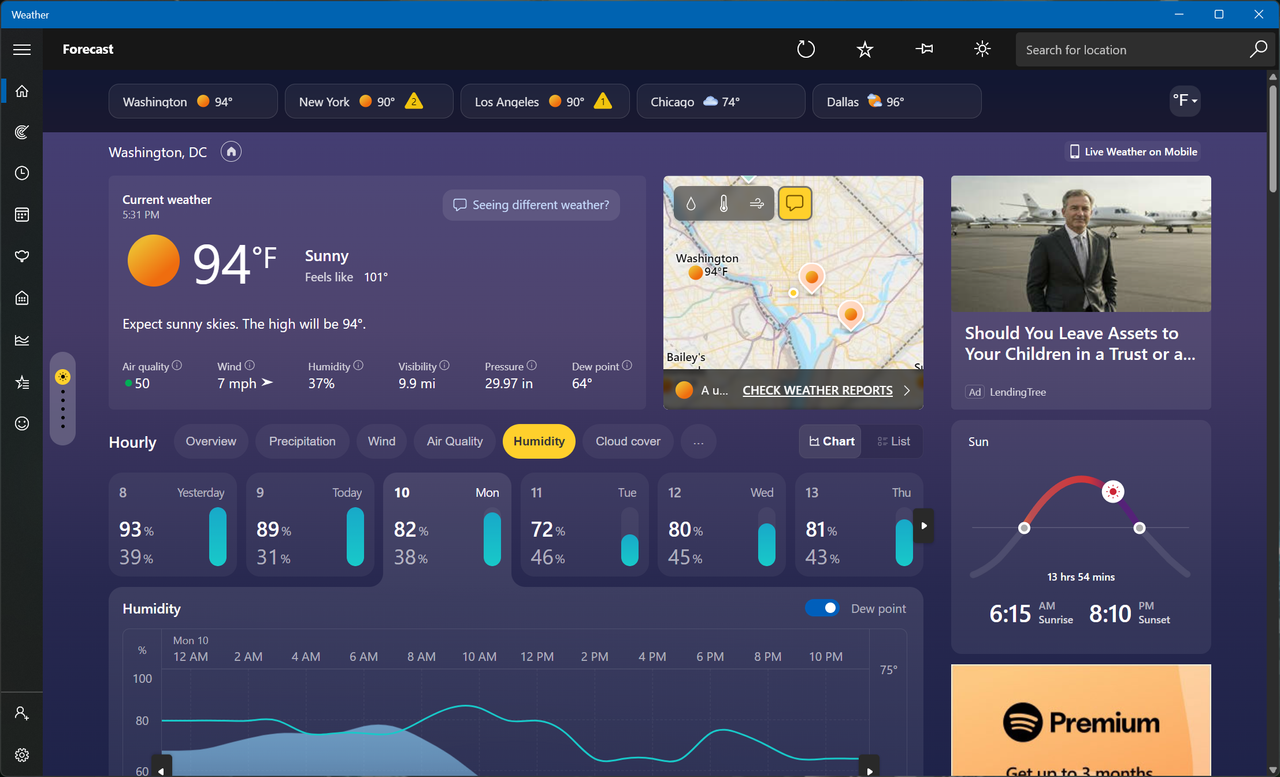 Screenshot of Windows 11 MSN Weather app showing forecast and advertisements
