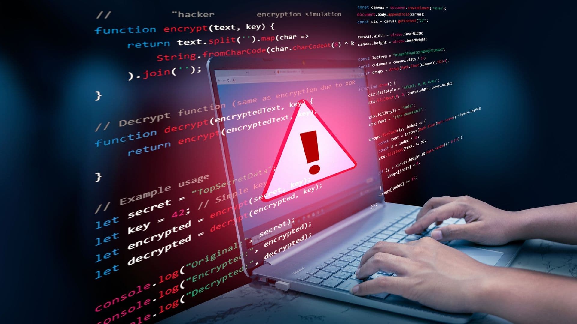 Computer screen displaying cybersecurity breach warning with graphs and data lines