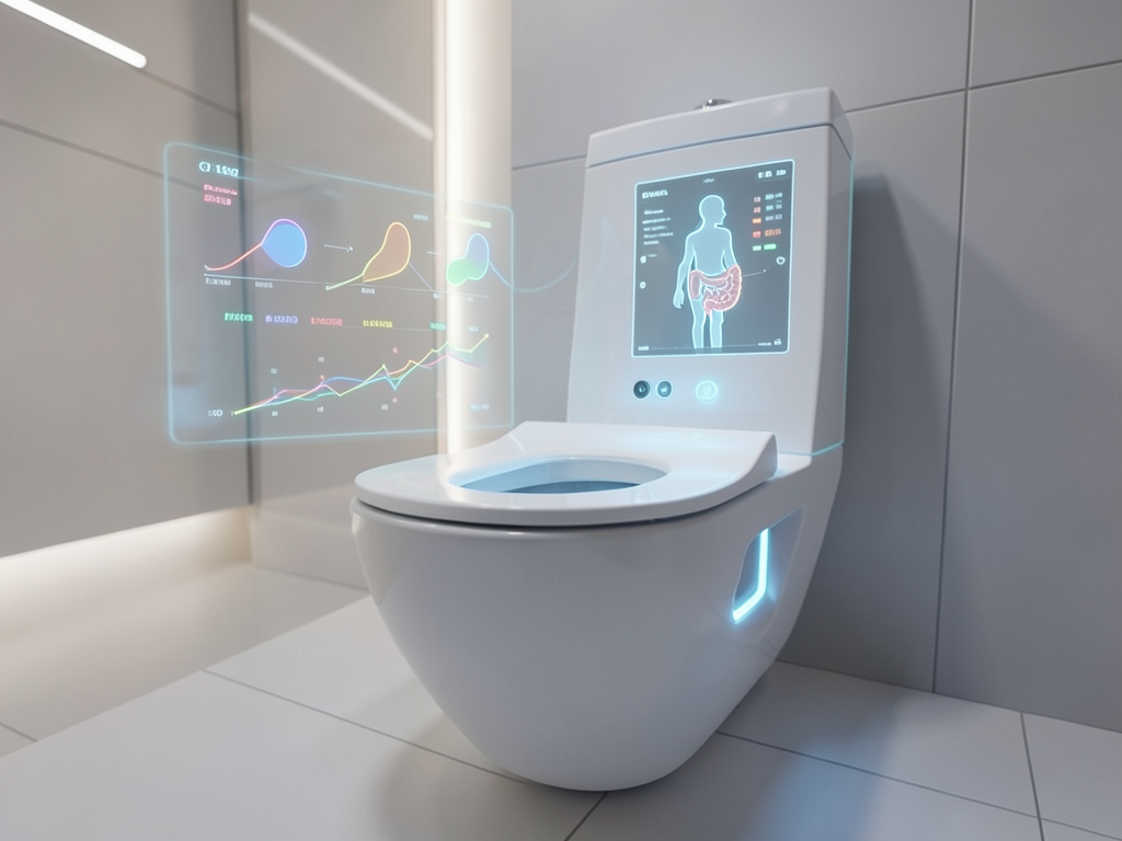 A modern smart toilet with a built-in camera system and connected smartphone app displaying stool analysis results