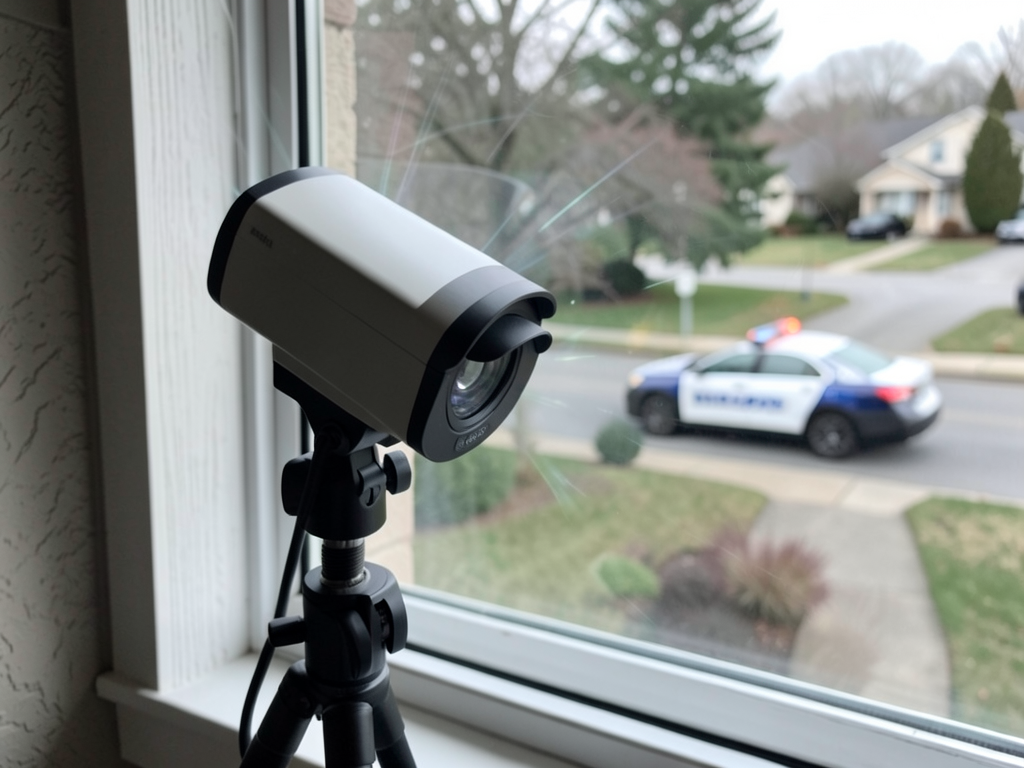 Street-level camera mounted on a building detecting passing police vehicles using license plate recognition technology