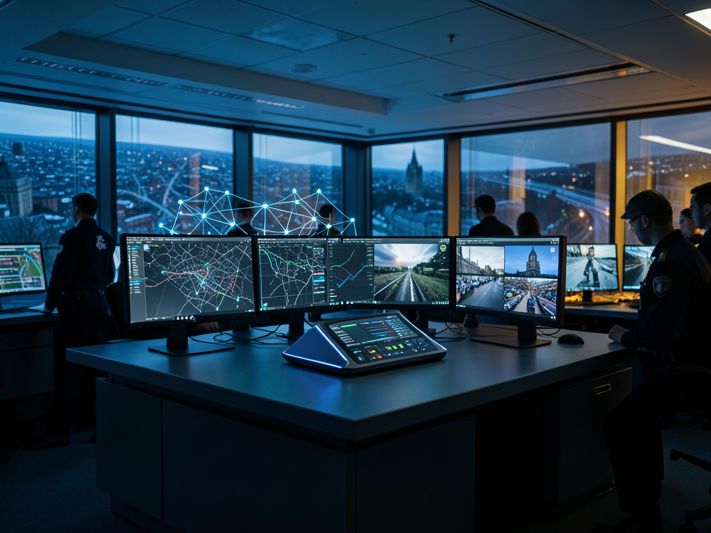 London Metropolitan Police headquarters with abstract digital data visualization representing AI intelligence analysis