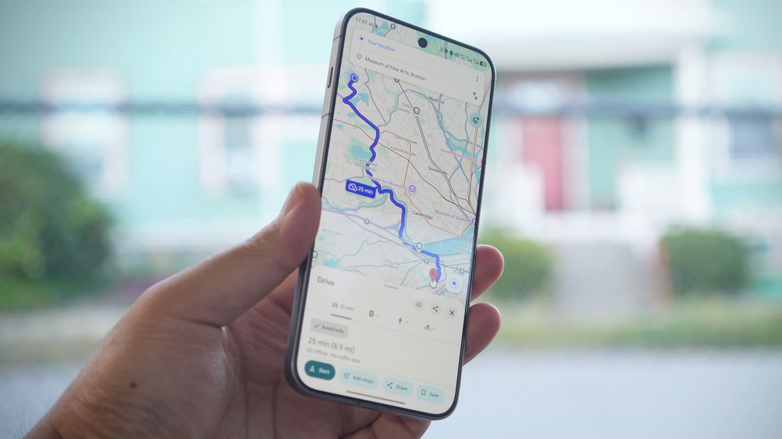 Google Maps app showing a static offline map with no traffic data in a rural area