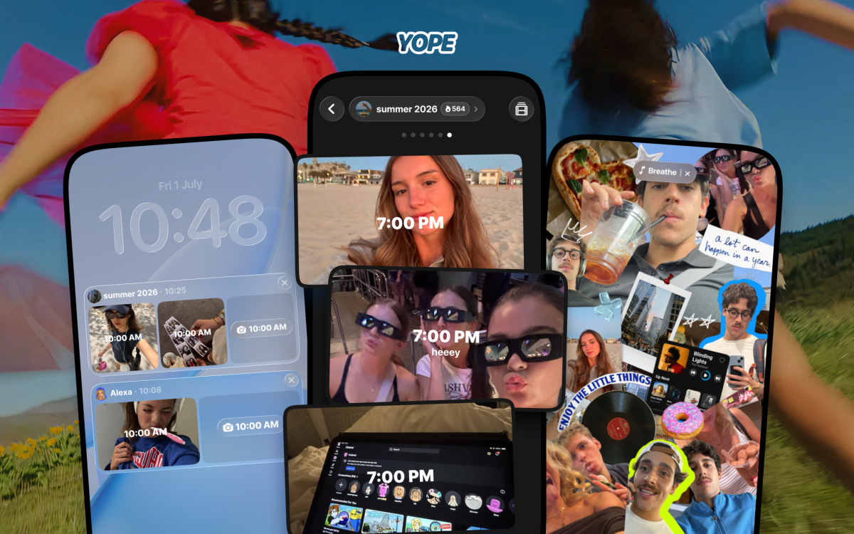 Yope private social network app interface showing group photo sharing