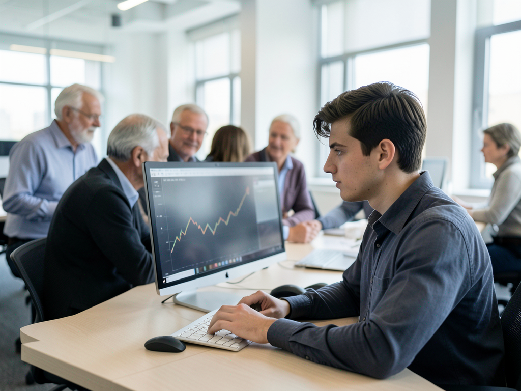 Young professionals in an open office working on computers near AI interface displays