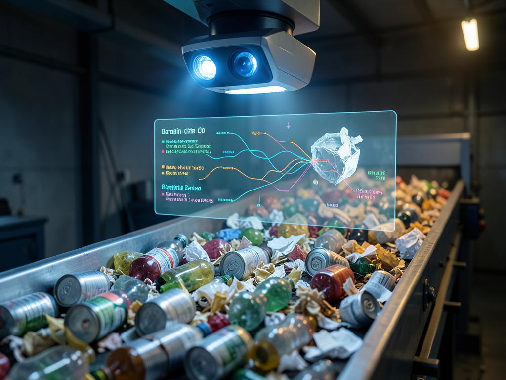 AI-powered camera system analyzing recycling plant conveyor belt with computer vision data overlay
