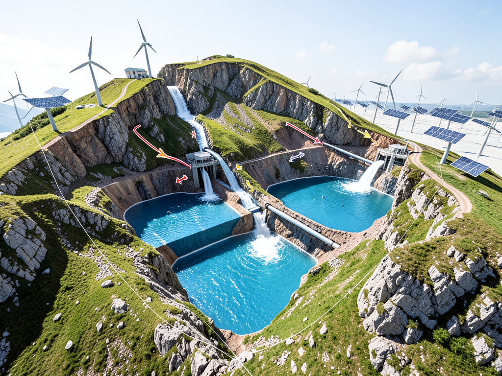 Aerial view of a mountain with a pumped-storage hydro plant carved into its side, with two reservoirs at different elevations