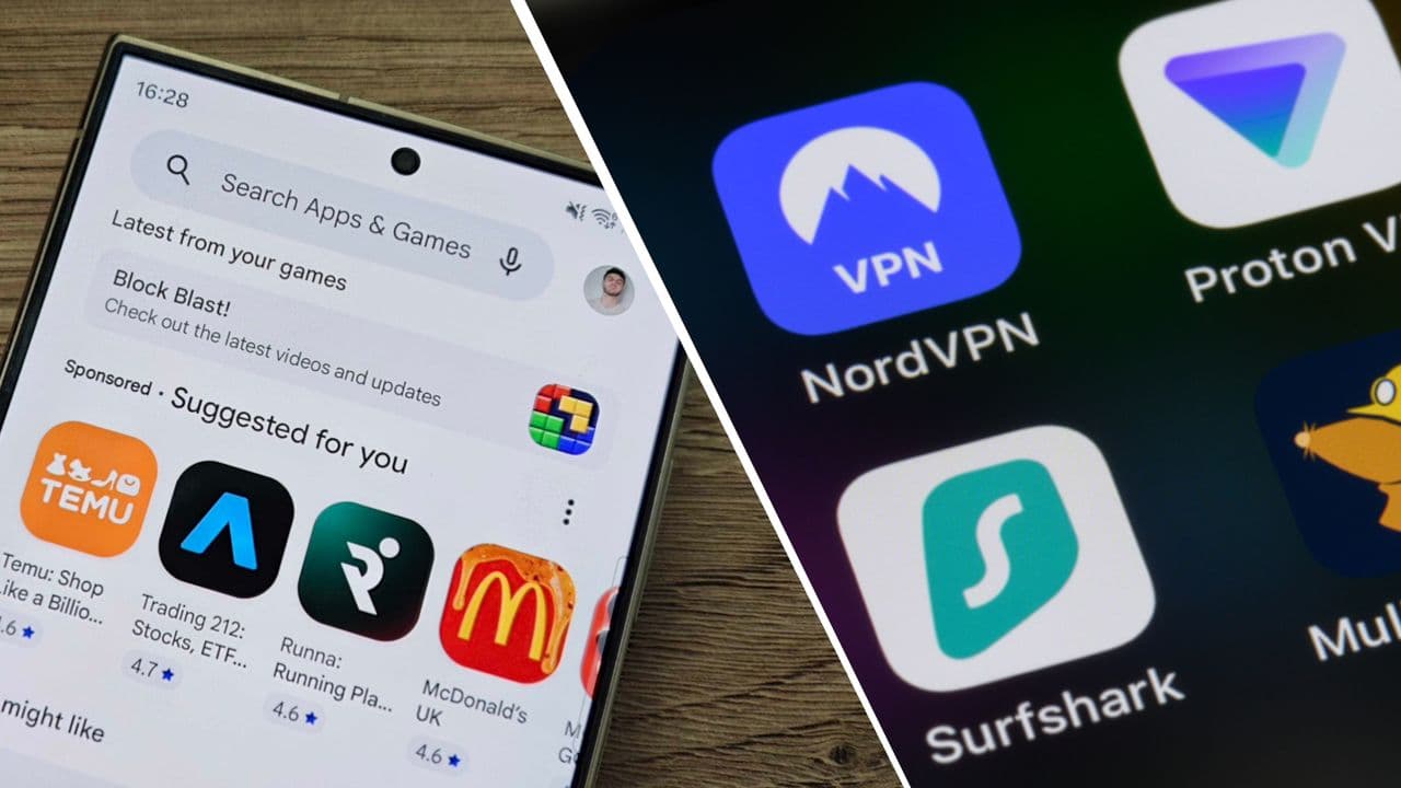 Smartphone screen showing the Google Play Store and App Store icons with a magnifying glass