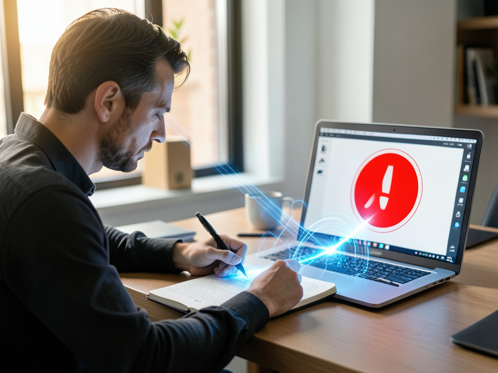 A person typing on a laptop with a glowing question mark symbol above the keyboard representing uncertainty over authorship